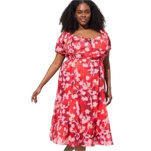 Torrid NWT Midi Cotton Clip Dot Lace Up Smocked Dress Red Floral Women's Plus 1X